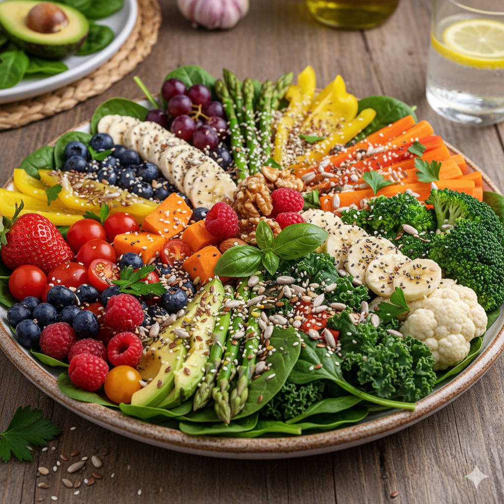 Une assiette éclatante mêlant fruits juteux, légumes frais et graines croquantes. Les couleurs vives et les textures variées offrent un équilibre parfait entre gourmandise et bien-être.