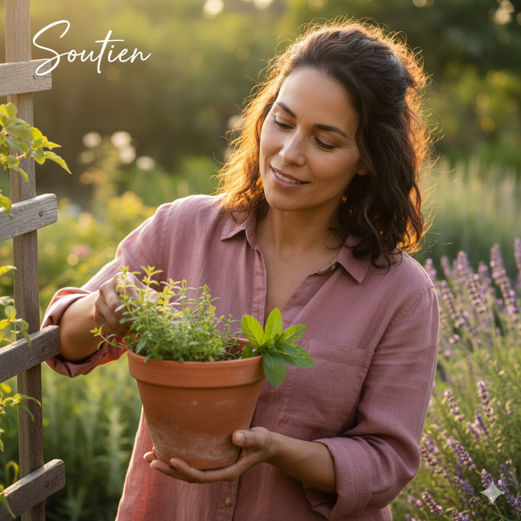 femme tenant un pot de plantes