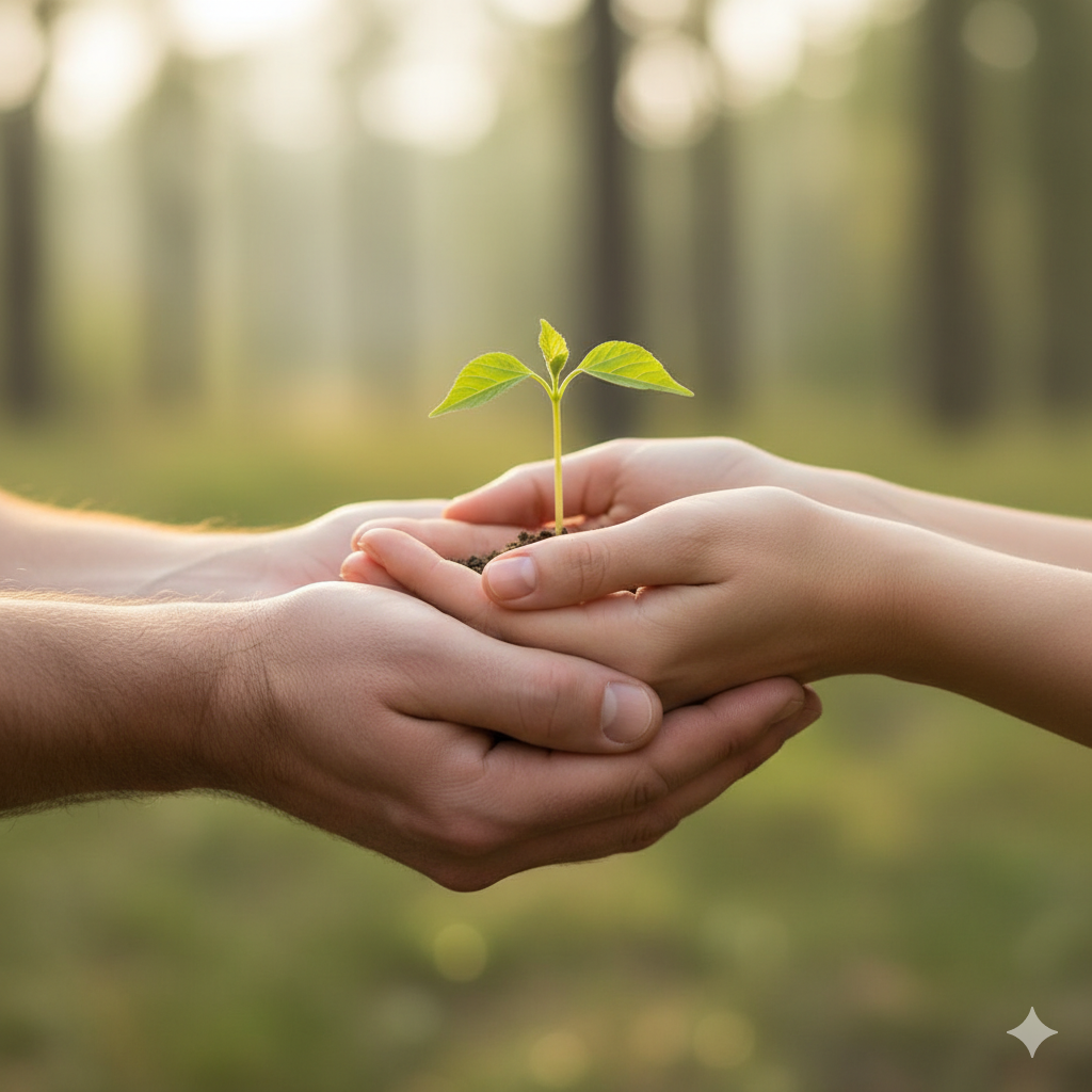 Quatre mains entrelacées, tenant une jeune pousse : représentation de l’accompagnement bienveillant, du lien de confiance et de la possibilité de renouveau dans le chemin de l’infertilité féminine après 35 ans.