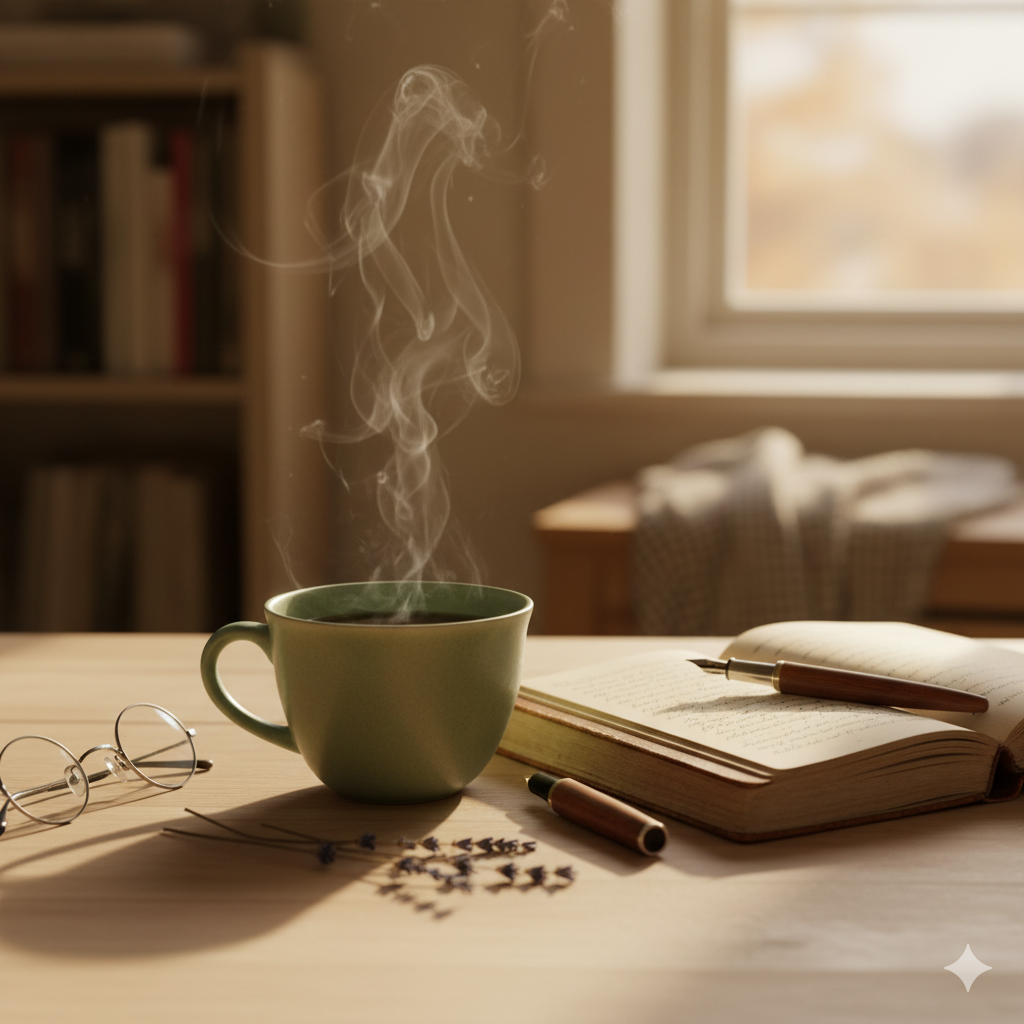 Un espace paisible avec une tasse de thé, un cahier ouvert et un stylo près d’une fenêtre ensoleillée – symbole d’écoute, de partage et d’un engagement sincère dans le chemin de la fertilité et du mieux-être.