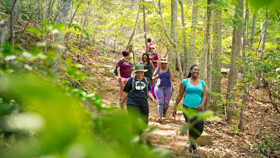 groupe de femmes marchant dans un cadre naturel paisible, représentant le soutien émotionnel et la connexion humaine