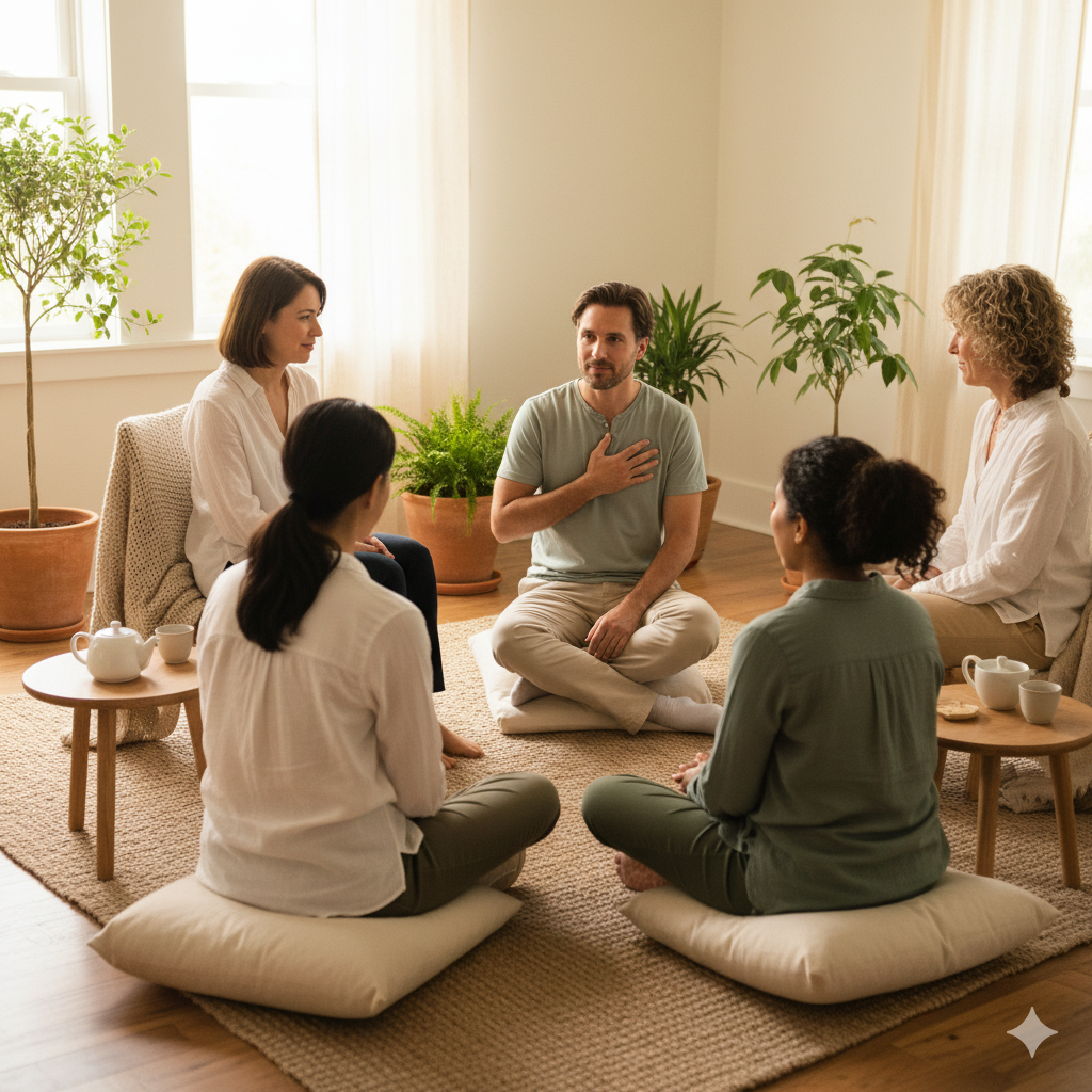Homme assis et écoutant un groupe de femmes.