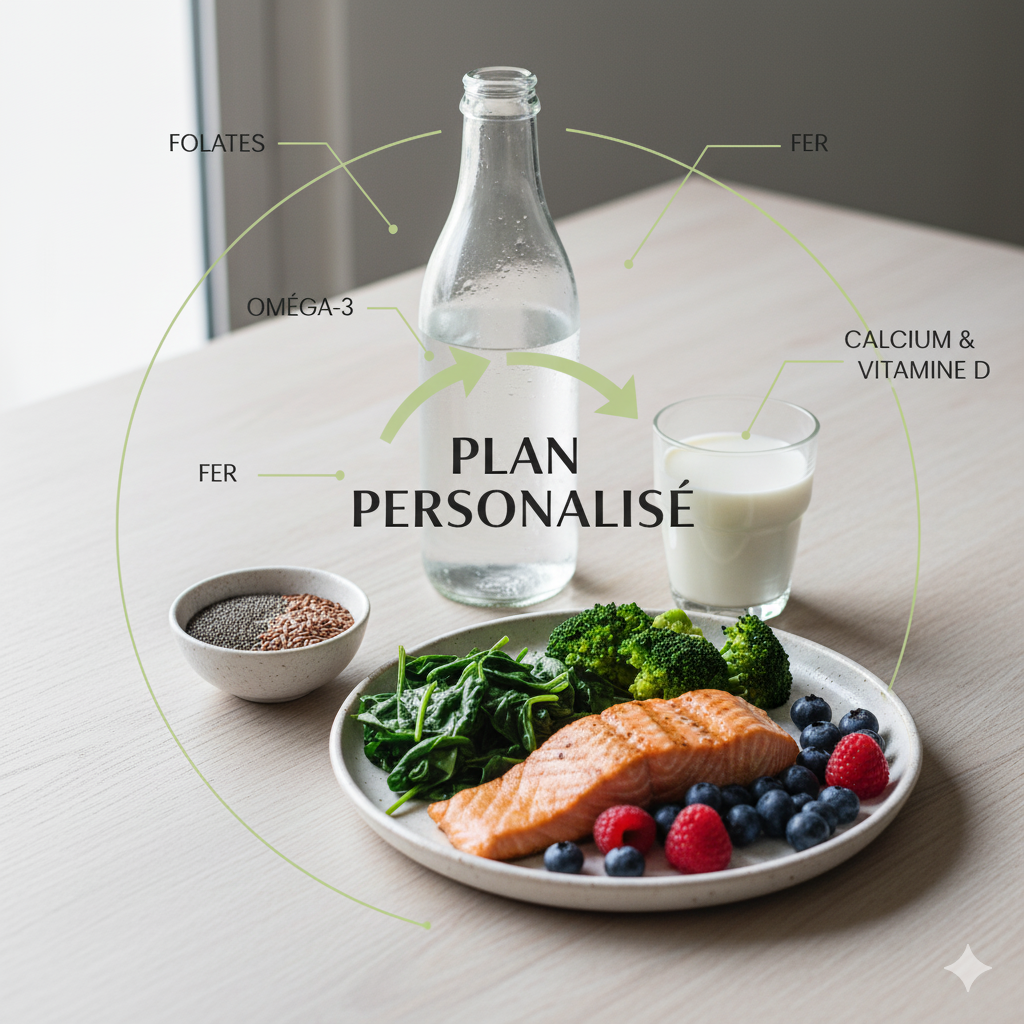 table colorée d’aliments sains et naturels illustrant un plan de repas équilibré pour soutenir la fertilité et la santé du corps